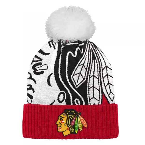 Kid's beanie CHI big-face cuffed pom Chicago Blackhawks